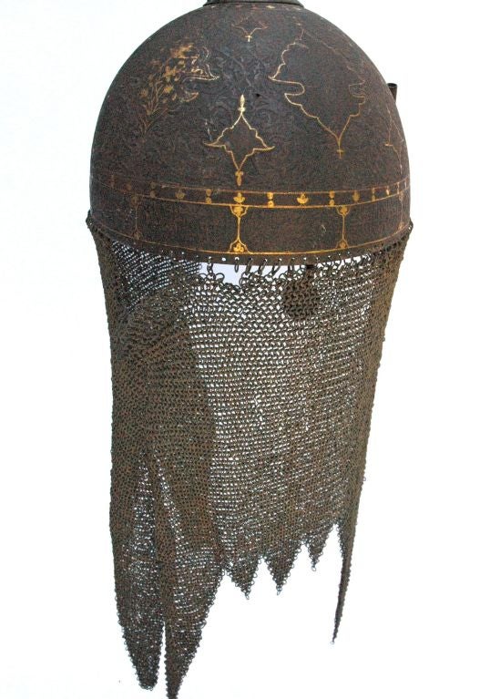 19th Century PERSIAN SPIKED STEEL HELMET WITH GOLD HIGHLIGHTS