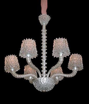 A VIBRANT ITALIAN 1940'S SIX-LIGHT CHANDELIER WITH PROTRUDING PYRAMID-SHAPED POINTS (ROSTRATO) AND TAPERING CONICAL GLOBES. The circular central shaft interspersed with glass spike rings above a similarly spiked bowl; emanating six gracefully