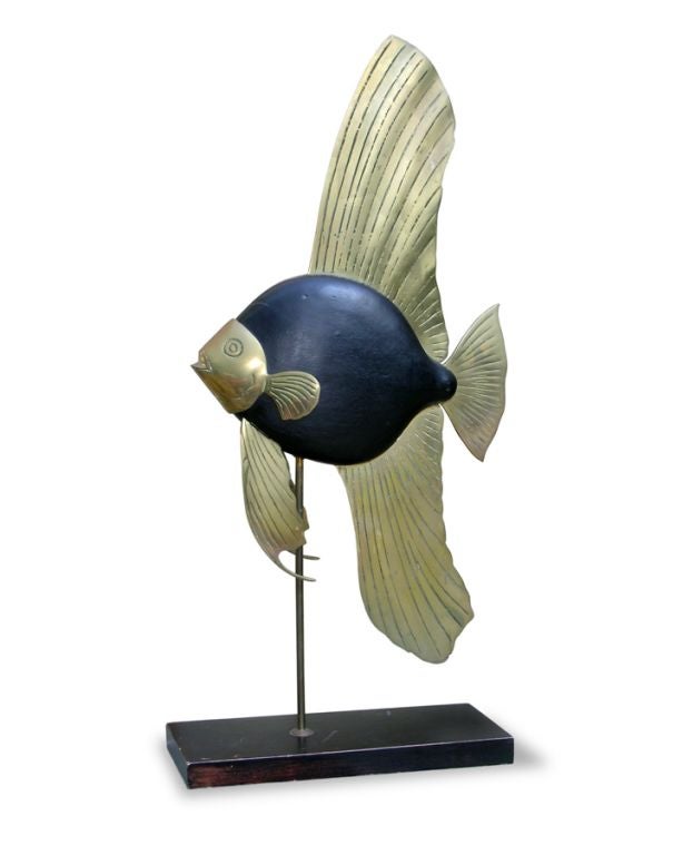 AMERICAN WOODEN AND BRASS SWIMMING FISH ON STAND
