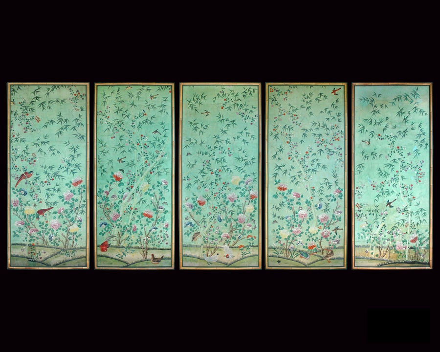 AN ENCHANTING SET OF FIVE CHINESE EXPORT HAND-PAINTED POLYCHROMED WALLPAPER PANELS OF FLOWERS, BIRDS AND BUTTERFLIES ON PALE MINT GREEN GROUNDS.Watercolor on paper and now laid down on thick paper panels; each an exotic colorful study of birds and