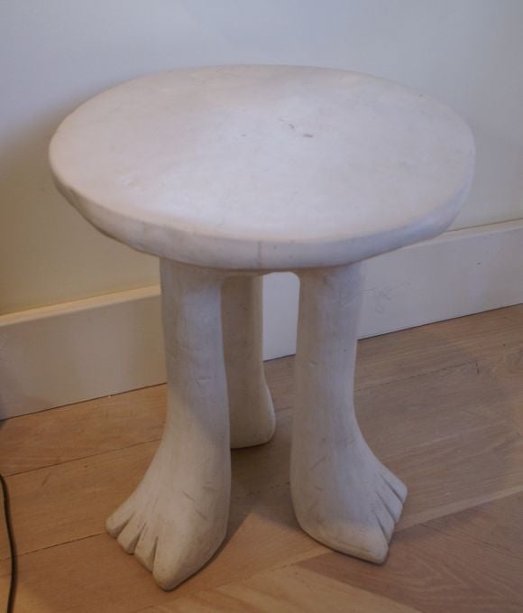 Rare signed pair of iconic John Dickinson African three-legged plaster tables made in 1972, model #101B.  Each inscribed 