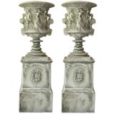 Pair of English 19th Century Cast Stone Classical Form Urns