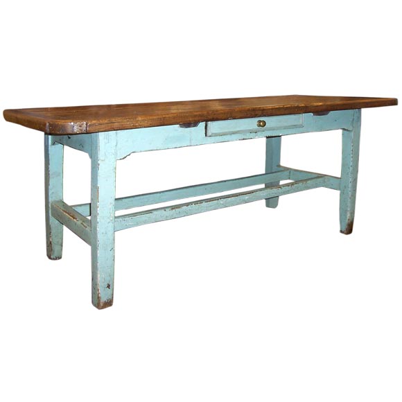 Antique Irish Farm Table with double stretcher blue base