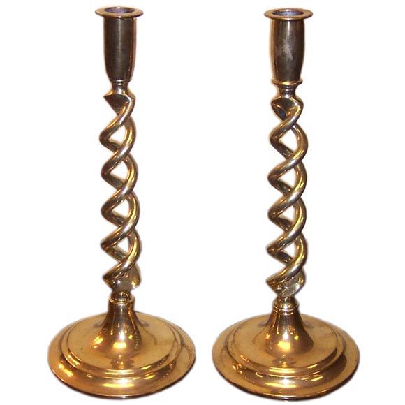 Antique English Brass Open Barley Twist Candlesticks