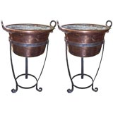 Antique Pair of Large Copper Cooking Pans on Stands