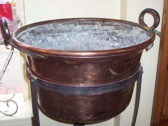Antique Pair of Large Copper Cooking Pans on Stands