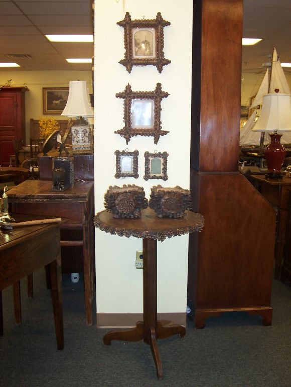 Antique "Pine Cone" Table, Bowls, Frames