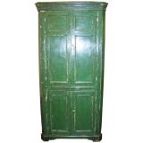 Distressed Antique English Green Paint Four-Door Corner Cupboard