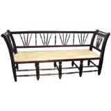 Antique French Black Rush Seat Bench