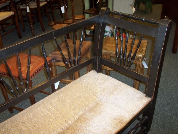 Antique French Black Rush Seat Bench In Good Condition In Port Chester, NY