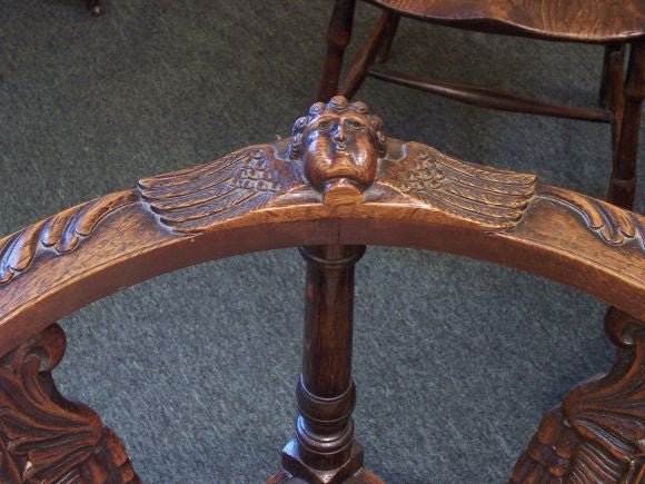 19th Century Antique Angel Carved Corner Chair with Old Needlepoint
