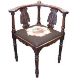 Antique Angel Carved Corner Chair with Old Needlepoint