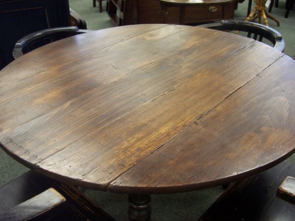 Antique Round Drop Leaf Table with Four French Deco Wood Chairs