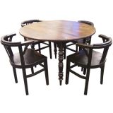 Antique Round Drop Leaf Table with Four French Deco Wood Chairs