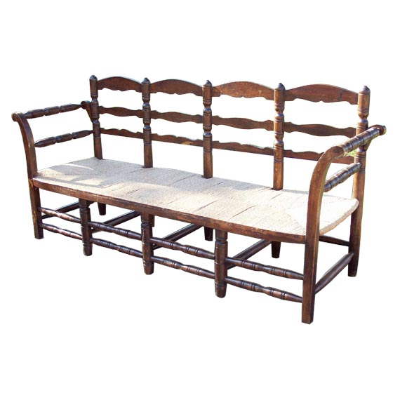 Antique French Rush Seated Long Bench