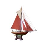 Large Antique English Pond Yacht with Red Sails