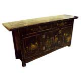 Antique Chinese Black Buffet, Worn Floral Original Paint