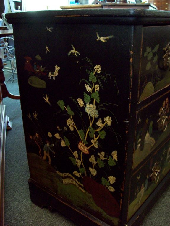 Charming antique pine bureau with naive Chinoiserie decoration, in a dramatic black. Very chic, wonderful style. Sturdy good piece, drawers work well.