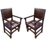 Pair of Antique Oak & Leather Armchairs