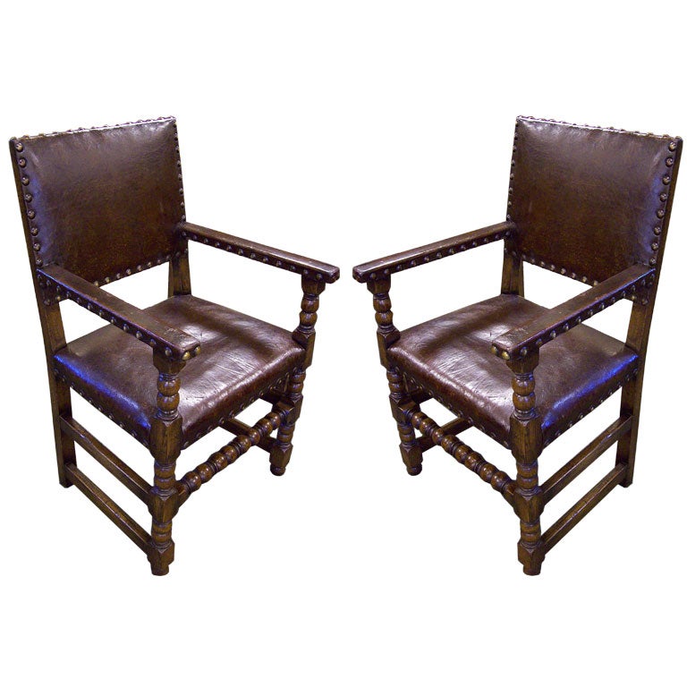 Pair of Antique Oak & Leather Armchairs
