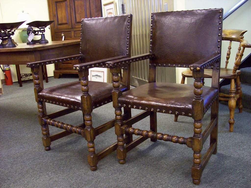 19th Century Pair of Antique Oak & Leather Armchairs