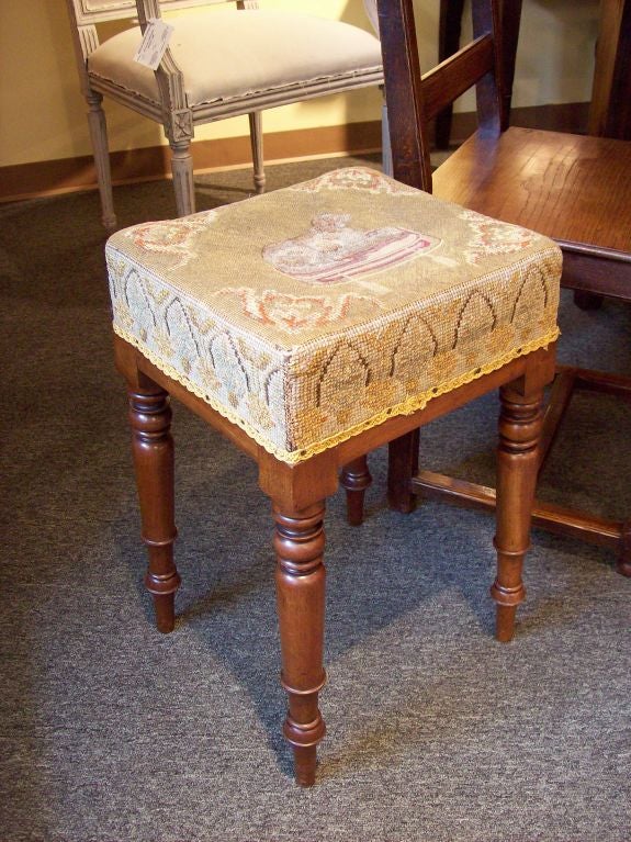 20th Century Georgian Stool with Dog on a Pillow Needlepoint