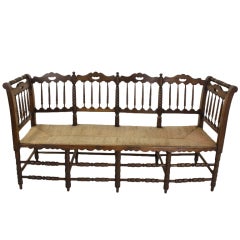 Antique French Rush Seat Spindle Bench