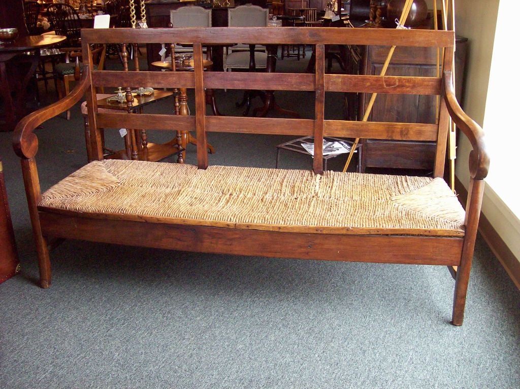 19th Century Large Antique French Rush Seated Bench