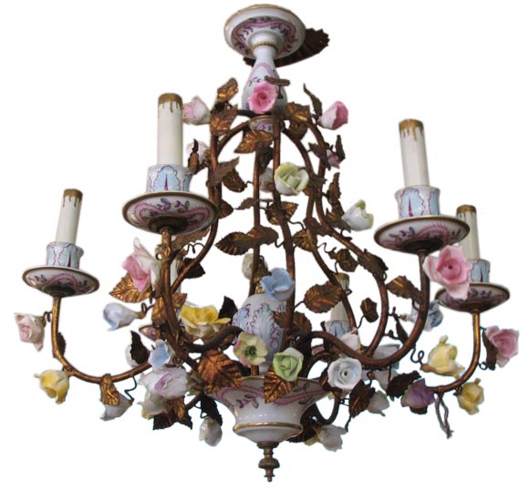 Six-Light Handpainted and Signed Chandelier by Sevres