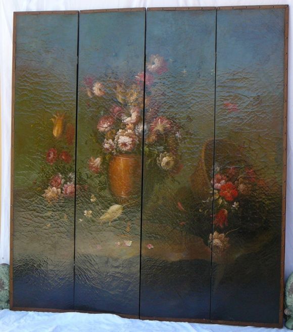 Four-Panel Handpainted Floor Screen