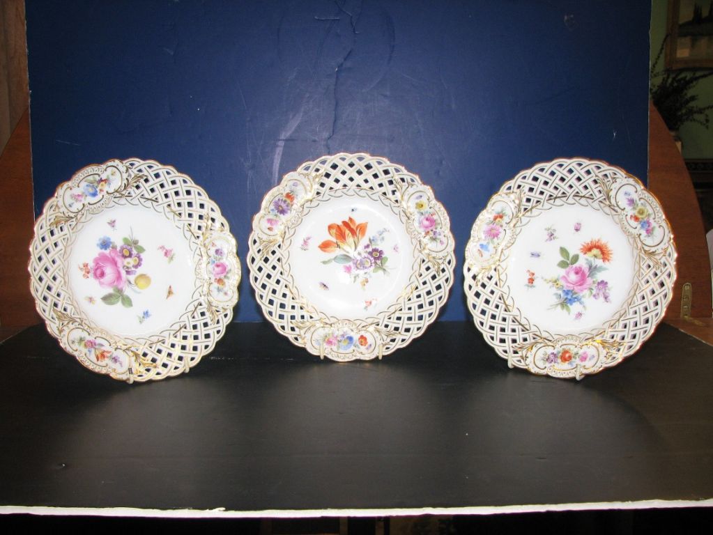 19th Century Set of Six (6) Reticulated Handpainted Meissen Plates