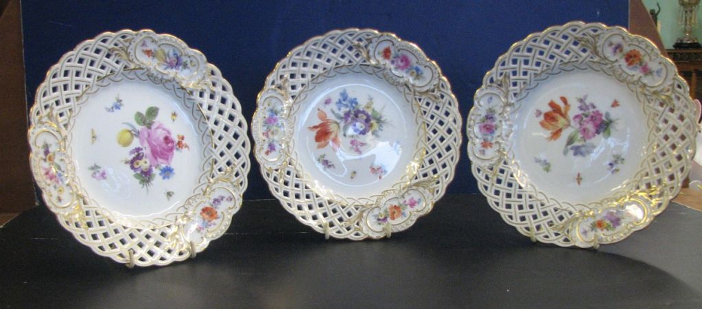 Set of Six (6) Reticulated Handpainted Meissen Plates 1