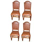 Set of Four (4) Antique Tooled Leather & Carved Wood Chairs