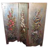 Handpainted Floral Three-Panel Floor Screen