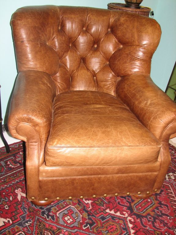 Wood Pair of Tufted Leather Club Chairs By Ralph Lauren