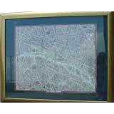Vintage Framed Two-Dimensional, Hand-Colored Map of Paris