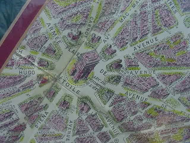 Framed Two-Dimensional, Hand-Colored Map of Paris