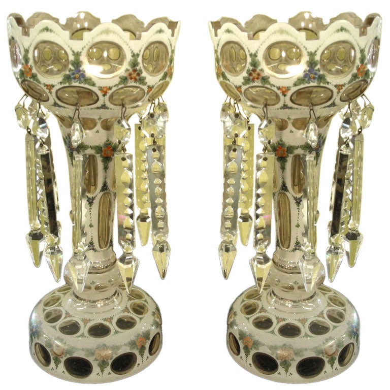 Pair of Bohemian Lustre Electrified Vases With Floral Design