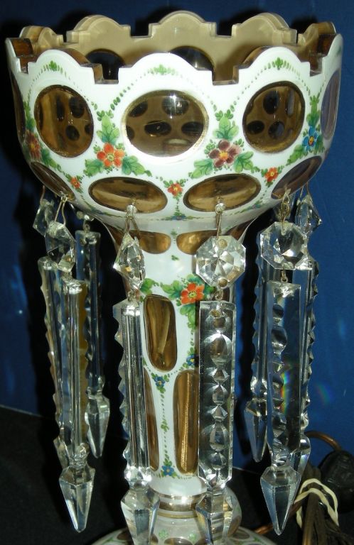 19th Century Pair of Bohemian Lustre Electrified Vases With Floral Design