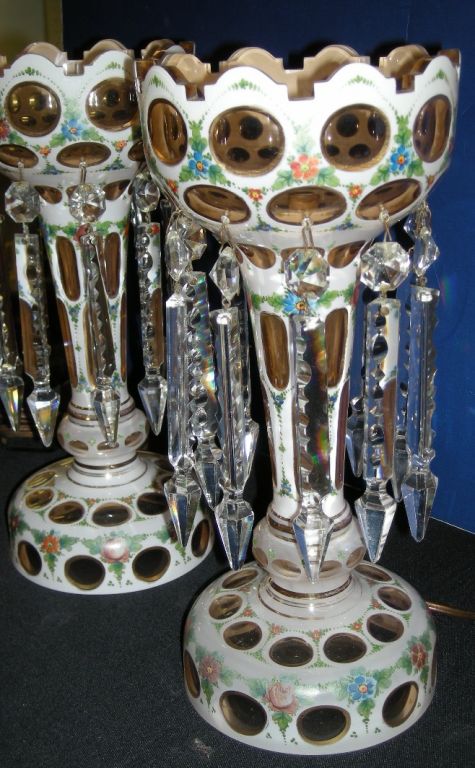 Pair of Bohemian Lustre Electrified Vases With Floral Design 1