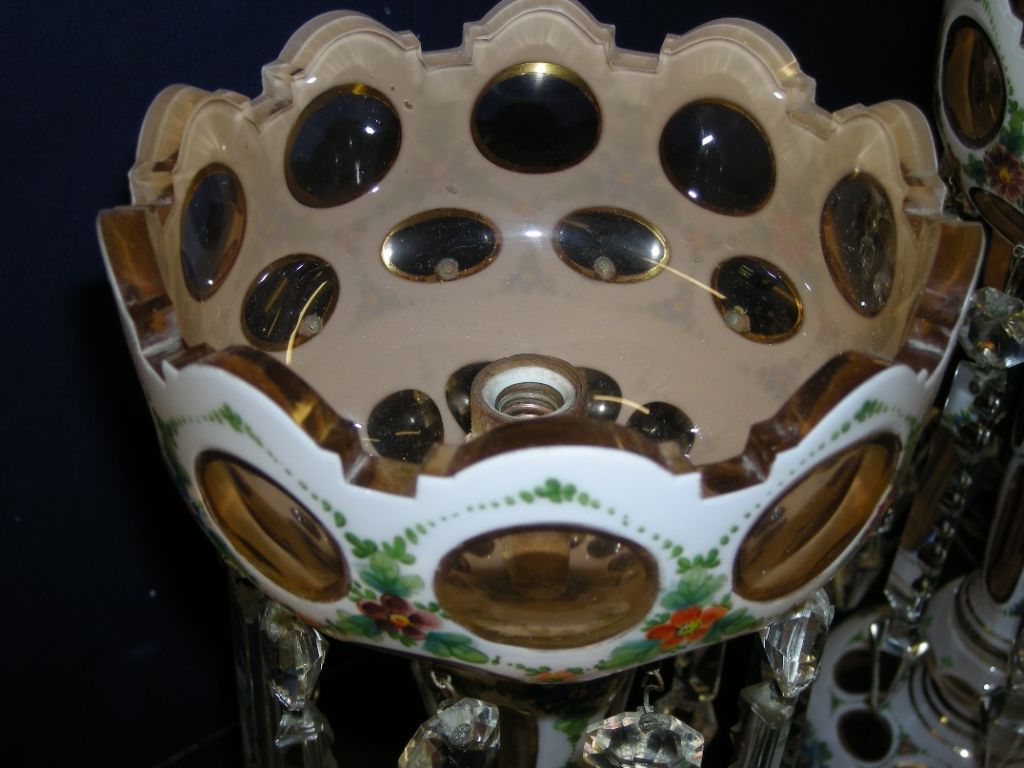 Glass Pair of Bohemian Lustre Electrified Vases With Floral Design