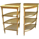 Vintage Pair of Corner Three-Tier Caned Shelving Units