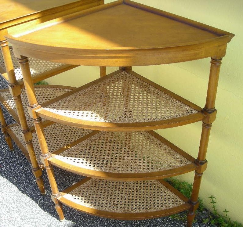 Pair of Corner Three-Tier Caned Shelving Units