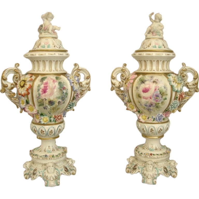 Pair of Italian Hand-Made Covered Urns