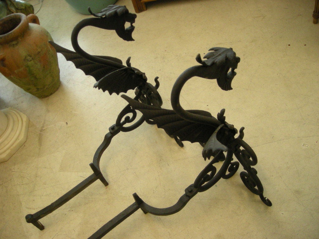 Unknown Pair of Wrought Iron Griffin Andirons