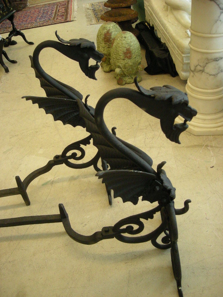 Mid-20th Century Pair of Wrought Iron Griffin Andirons