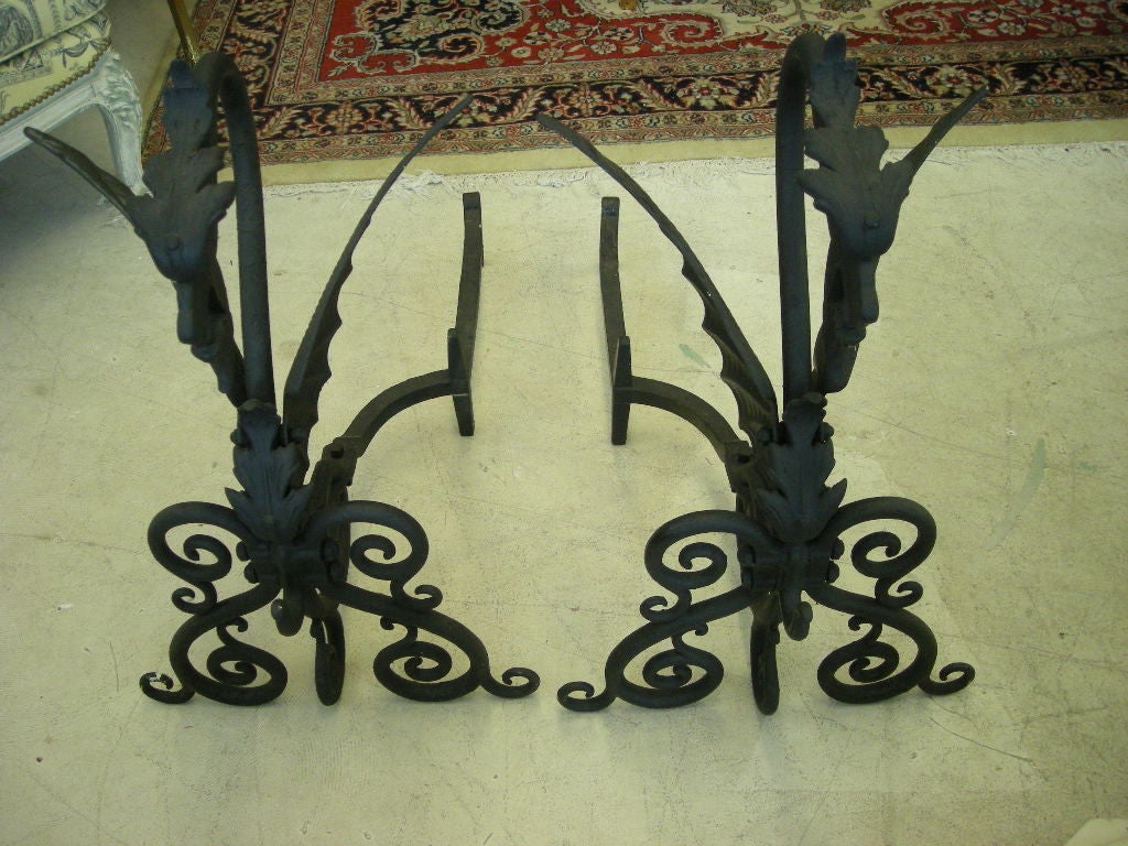 Pair of Wrought Iron Griffin Andirons 1