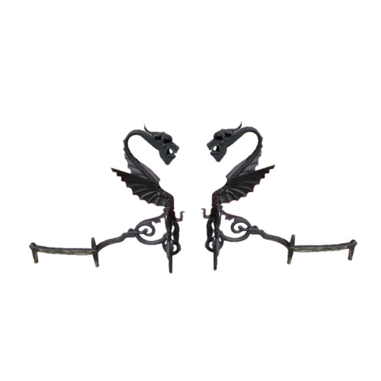 Pair of Wrought Iron Griffin Andirons