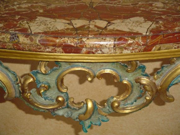 Parcel Gilt and Blue-Green Painted Marble Topped Console Table