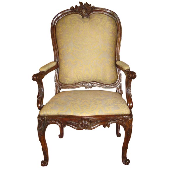 Louis XV-Style Hand-Carved Walnut Upholstered Fauteuil